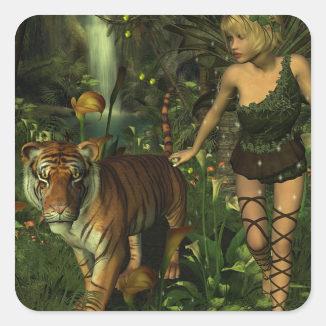 Sticker Carré Fée et tigre dans la jungle (Devant)