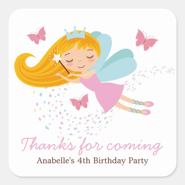 Sticker Carré Fée mignonne Princesse Filles Anniversaire (Devant)