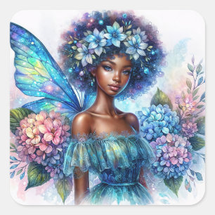 Sticker Carré Fée noire avec afro et hortensias bleus