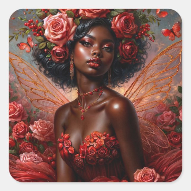 Sticker Carré Fée noire avec Roses rouges (Devant)