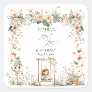 Sticker Carré Fée Première Fête d'anniversaire de fille