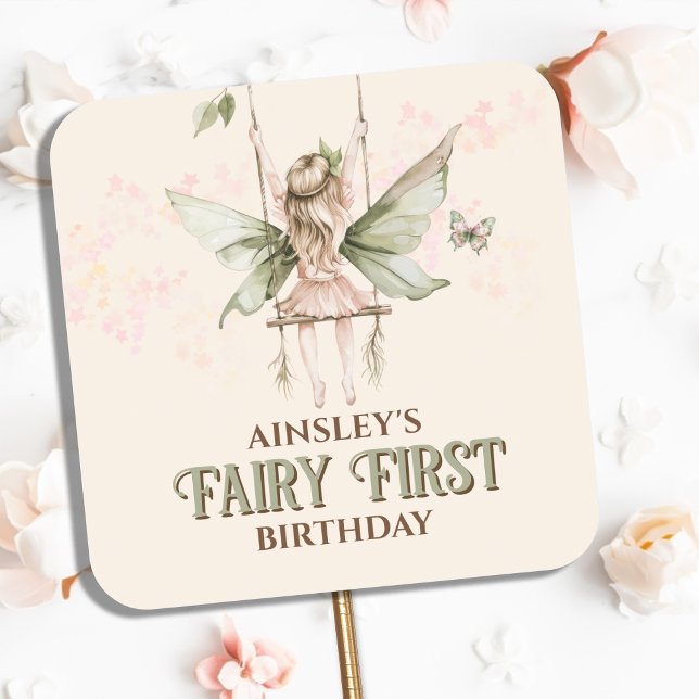 Sticker Carré Fée rose personnalisée 1er anniversaire (Créateur téléchargé)