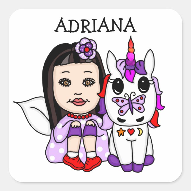 Sticker Carré Fée Whimsical personnalisée et licorne (Devant)
