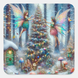 Sticker Carré Fées magiques et elfes Arbre de Noël