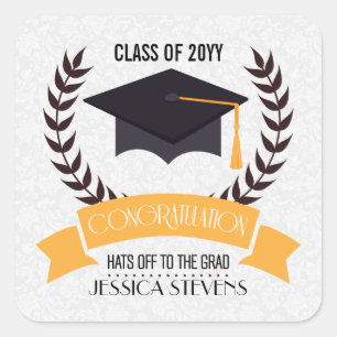 Sticker Carré Félicitation Graduation Casquette noir et couronne