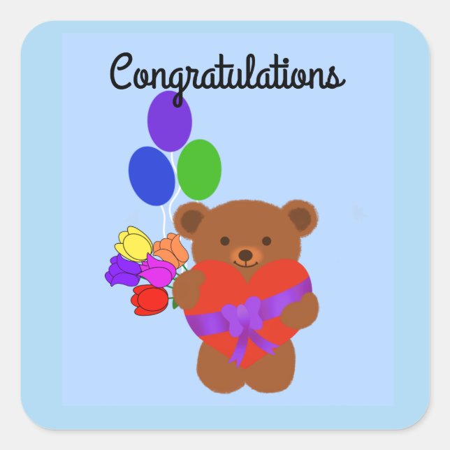 Sticker Carré Félicitations à l'ours en peluche mignon no 4 Stic (Devant)