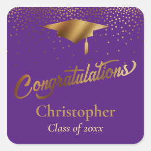 Sticker Carré Félicitations Diplômé, Classe d'or sur violet