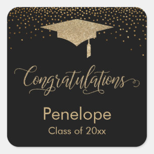 Sticker Carré Félicitations Gold Confetti Graduation Noir