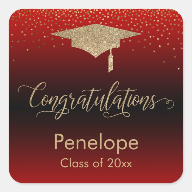 Sticker Carré Félicitations Gold Confetti Graduation Rouge (Devant)