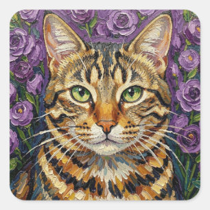 Sticker Carré Félin et floral   Chat tigré gris mignon artistiqu