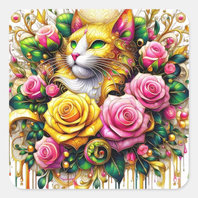 Sticker Carré Feline au milieu d'une floraison vibrante (Devant)