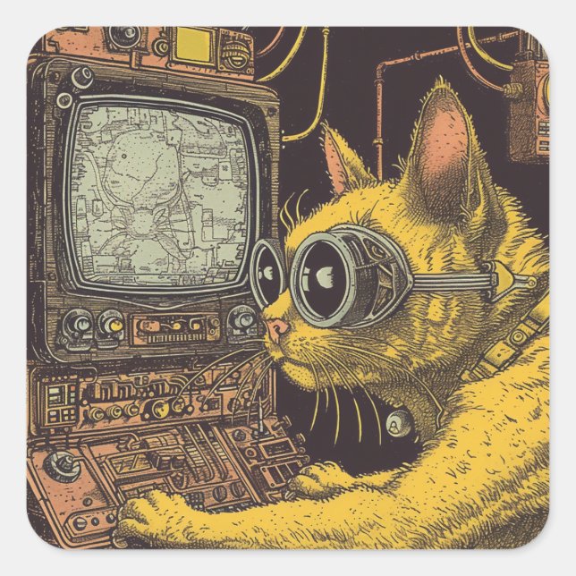 Sticker Carré Feline Future : Imaginaire de chat Cyberpunk (Devant)