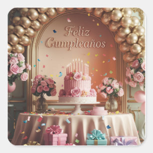 Sticker Carré « Feliz Cumpleaños » Élégant Anniversaire Rose et