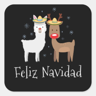 Sticker Carré Feliz Llamadad Navidad Christmas Llama Cadeau