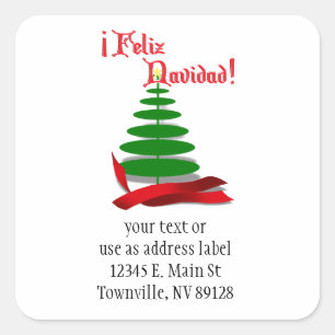 Sticker Carré Feliz Navidad - Arbre de Noël au ruban rouge