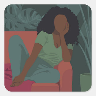 Sticker Carré Femme à boucles noires avec plantes verts viridien