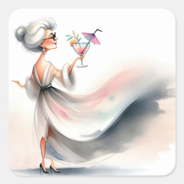Sticker Carré Femme Âgée Classique Avec Boisson De Fête (Devant)