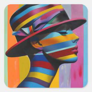 Sticker Carré Femme au chapeau coloré 6 Silhouette saisissante
