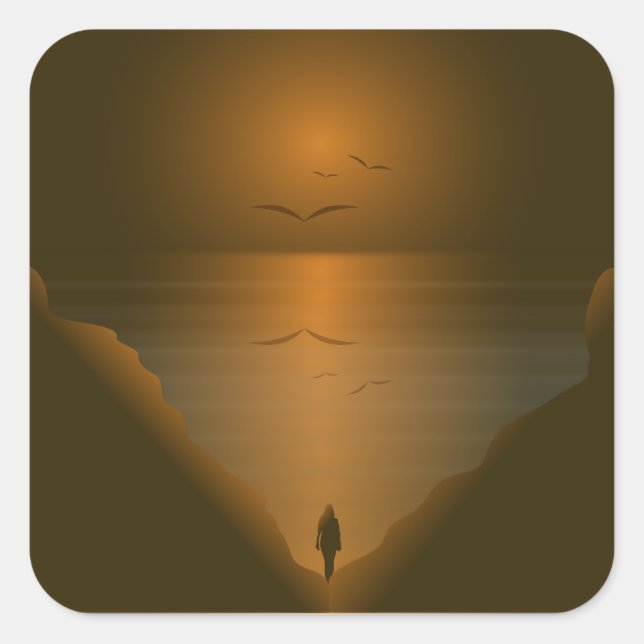 STICKER CARRÉ FEMME AU COUCHER DE SOLEIL DE MER (Devant)