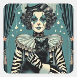Sticker Carré Femme clown de cirque et chat noir