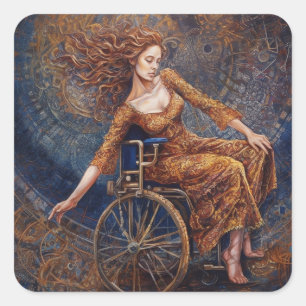 Sticker Carré Femme en fauteuil roulant dansant joyeuse