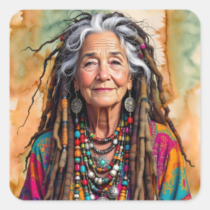 Sticker Carré Femme Hippie Cool Vieille Dame avec Dreadlocks