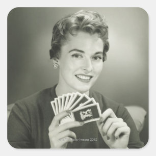 Sticker Carré Femme Jouant Aux Cartes