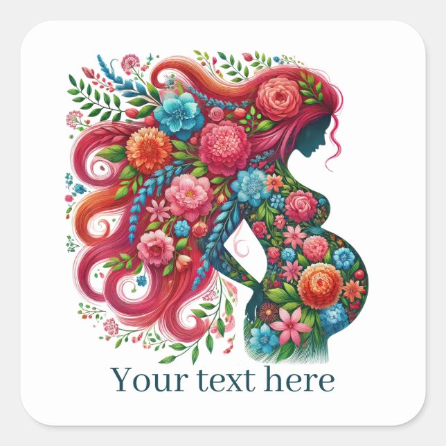 Sticker Carré Femme mignonne enceinte maman ajouter un texte (Devant)
