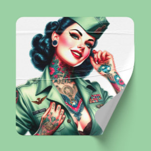 Sticker Carré Femme Militaire Tatouée Vintage