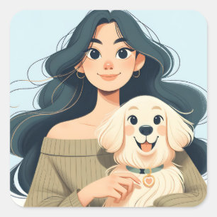 Sticker Carré Femme moderne Whimsical et son chien