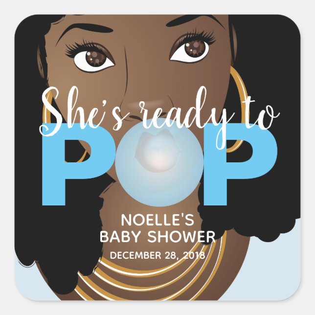 Sticker Carré Femme noire, Prête à la pop, Bubblegum, Bleu (Devant)