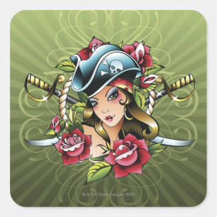 Sticker Carré Femme pirate avec roses et épées