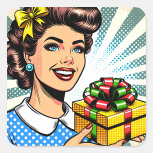 Sticker Carré Femme rétro qui tient un cadeau d'anniversaire ou 
