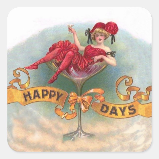 Sticker Carré Femme victorienne Champagne rouge heureuse (Devant)