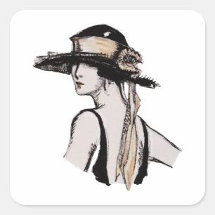Sticker Carré Femme vintage en casquette