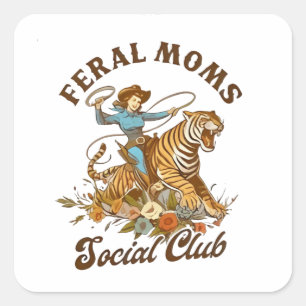 Sticker Carré Feral Mom Social Club Funny Retro Boho Cowgirl