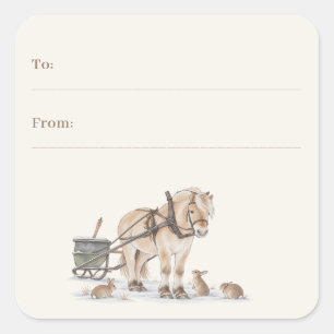 Sticker Carré Ferme de Noël Cheval Animaux Hiver À De