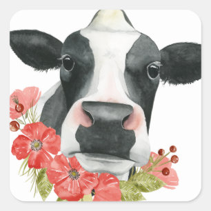 Sticker Carré Ferme de pavot - vache avec des fleurs