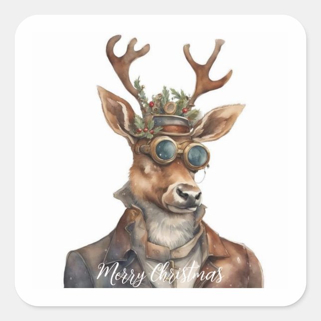 Sticker Carré Festif Steampunk Christmas Reindeer (Devant)