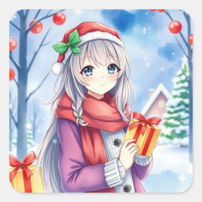 Sticker Carré Festive Anime Girl Christmas (Devant)