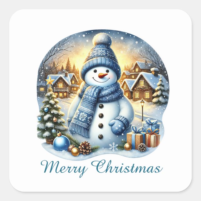 Sticker Carré Festive bleu Noël personnalisable bonhomme de neig (Devant)
