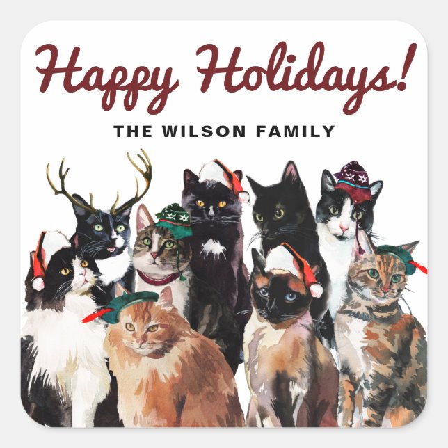 Sticker Carré Festive Chats Aquarelle Clowder Joyeux Vacances (Devant)