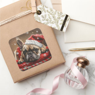 Sticker Carré Festive de Noël de Chien de taureaux français