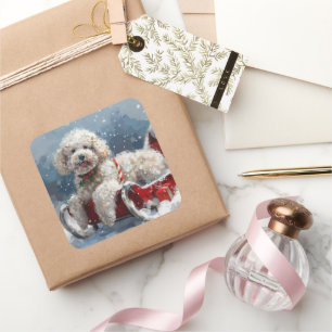 Sticker Carré Festive de Noël du chien de caniche