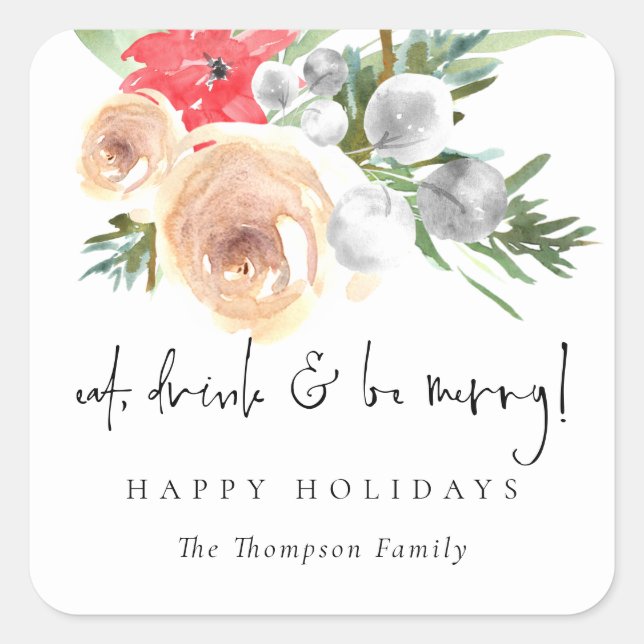 Sticker Carré Festive Florals Manger Boire Nom Joyeux Vacances (Devant)