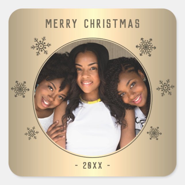 Sticker Carré Festive Golden Snowflake Metallic Family Photo (Devant)