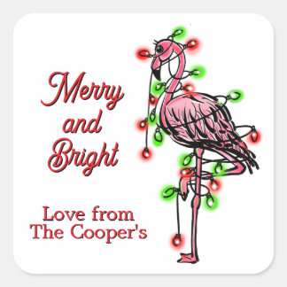 Sticker Carré Festive holiday Flamingo red green Xmas lights