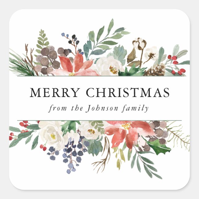 Sticker Carré Festive Holly Berries & Floral Joyeux Noël (Devant)
