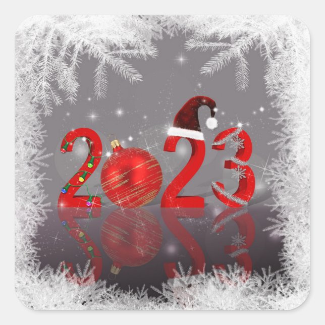 Sticker Carré Festive Red Joyeux Noël Nouvel An 2023 (Devant)