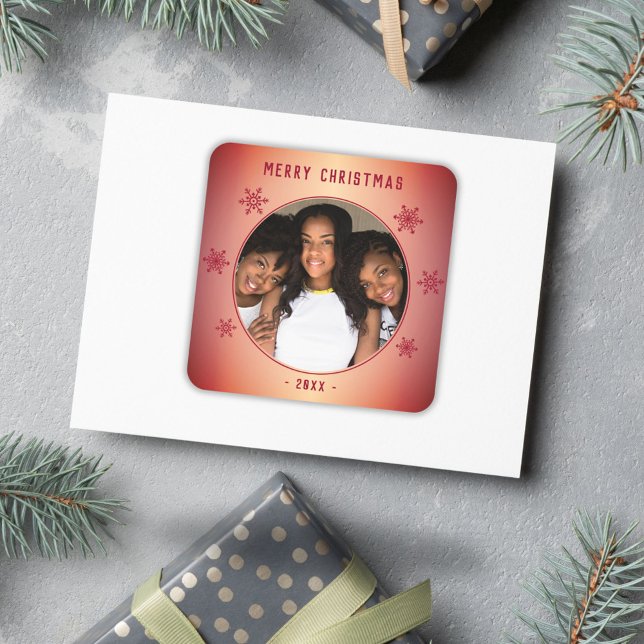 Sticker Carré Festive Red Snowflake Metallic Family Photo (Créateur téléchargé)